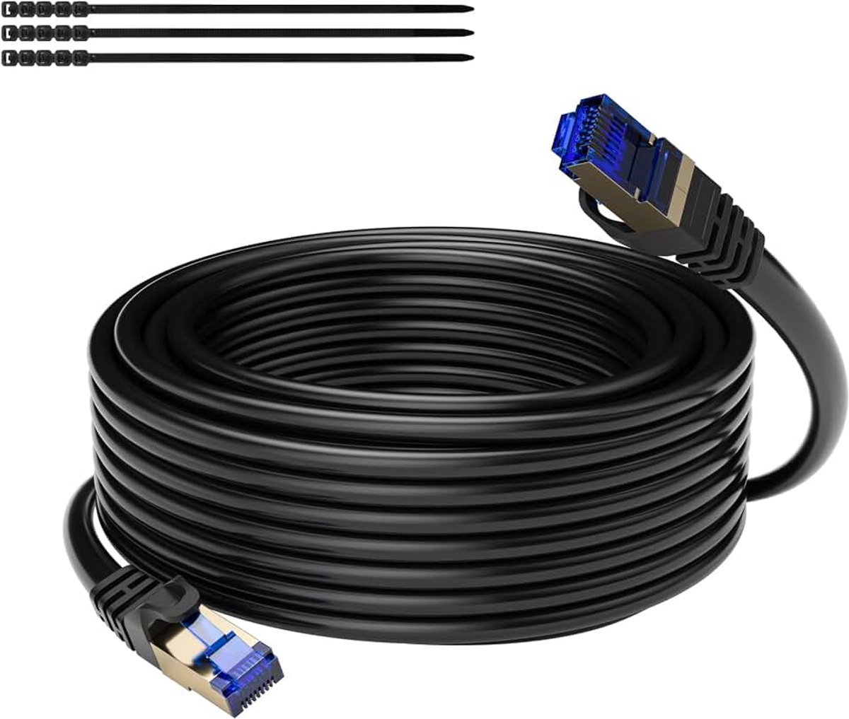 100M CAT 7 waterdicht RJ45 Ethernet netwerkkabel voor buiten, direct te leggen–10 Gigabit Ethernet, SFTP, LAN en patchkabel–Zwart, 100 m met 15 kabelbinders