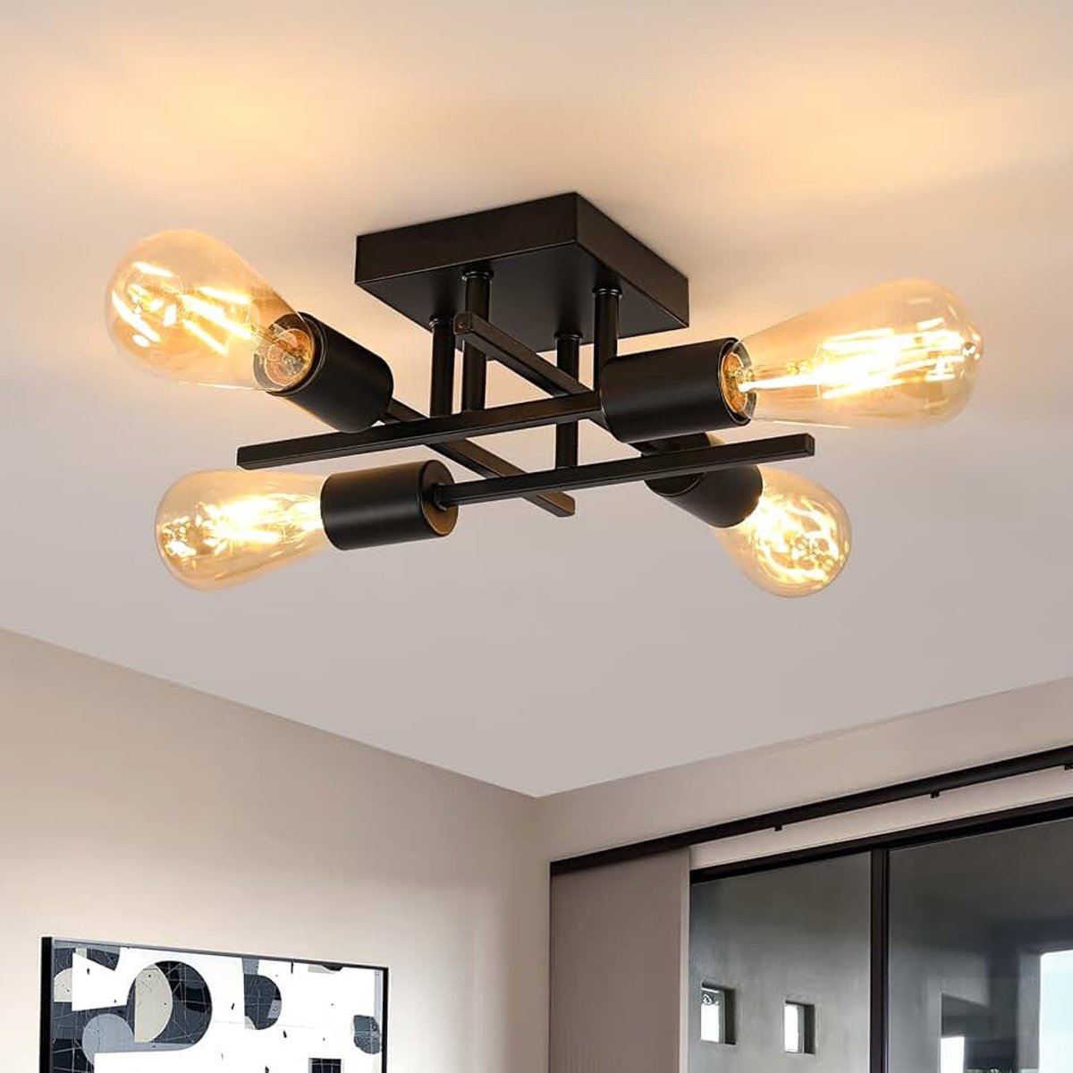Plafondlamp Zwart Vintage LED Plafondlamp 4 Lichts, Moderne Plafondlamp E27 voor Woonkamer Slaapkamer Keuken | Moderne plafondlamp E27 voor woonkamer, slaapkamer, keuken