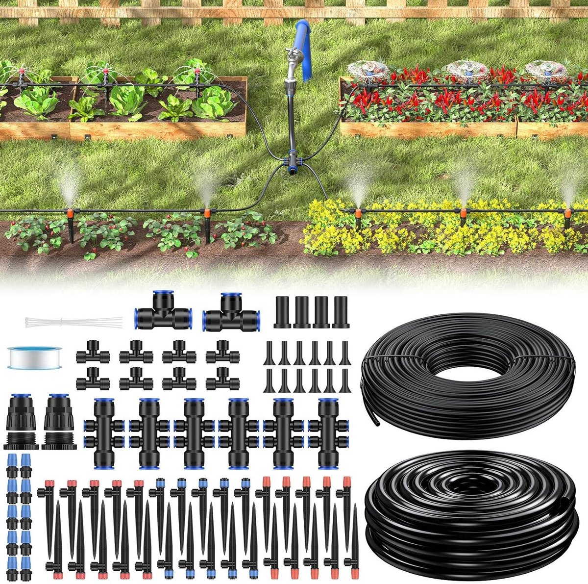 Druppelirrigatieset - Tuinbesproeiing Watergeefsysteem - Planten Water Geven - Complete 70m Set - 70 meter slang - Zwart