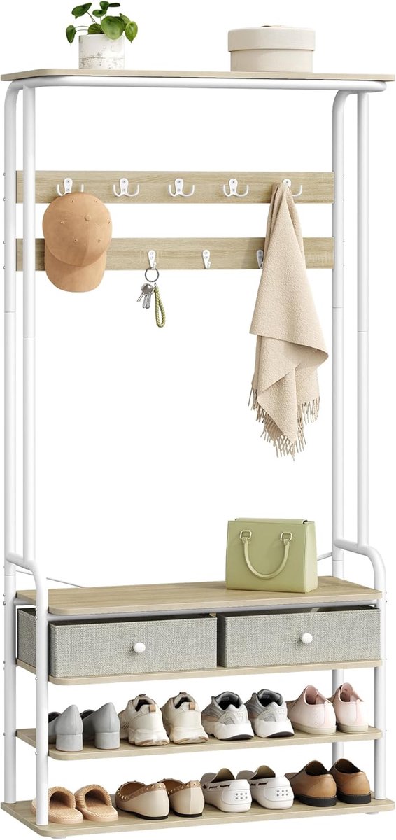Hzuaneri Garderobe met 2 laden van stof, eiken-wit, Garderobe met schoenenrek, 9 haken, vrijstaand kledingrek voor hal, entree, slaapkamer, 30 x 80 x 180 cm