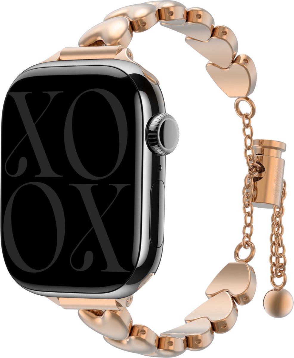 xoxo Wildhearts stalen bandje 'Hearts' geschikt voor Apple Watch 1/2/3/4/5/6/7/8/9/10/11/SE/SE2/SE3 - Maat: 38/40/41/42mm - Hoogwaardig RVS Stalen band - Schakelband met hartjes - rosé goud