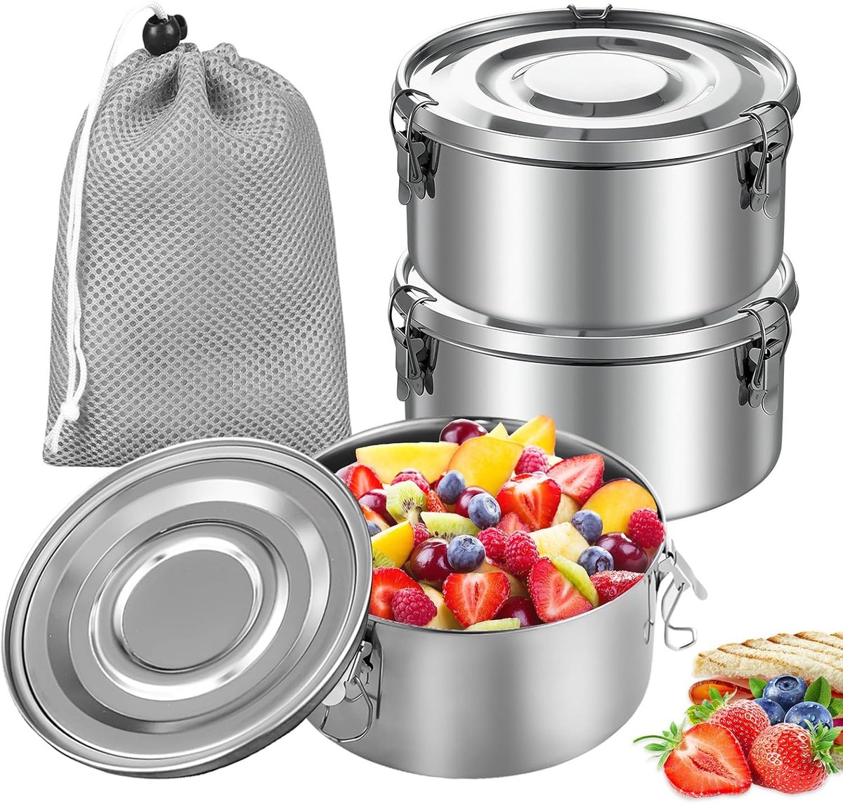 Roestvrijstalen Lunchbox - 360 ml - Lekvrije Broodtrommel - Incl. Textieltas - Voor Alle Leeftijden - Zilver - 3 stuks·