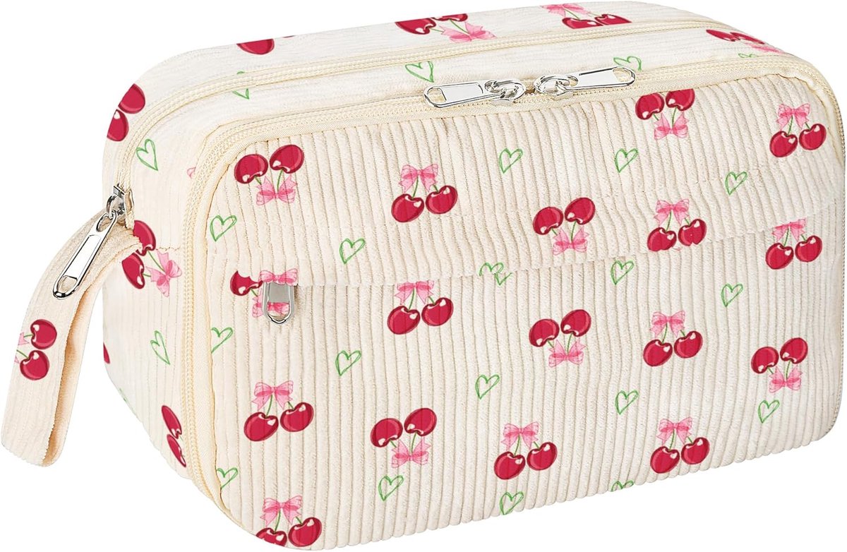 Etui van Zacht Corduroy - Groot Etui met Ritssluiting en Meerdere Vakken - Praktische Schooltas Organizer voor Pennen, Stiften en Accessoires - Kers