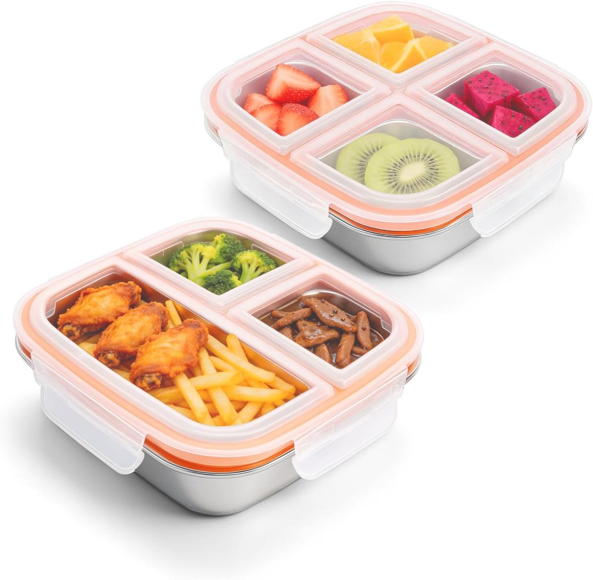 Lunchbox - 600 ml - Roestvrij Staal - Waterdicht en Lekvrij - Herbruikbaar - Voor Fruit, Groenten, Vlees, Snoep, Noten - 2 Stuks - Met 4 Vakken + 3 Vakken
