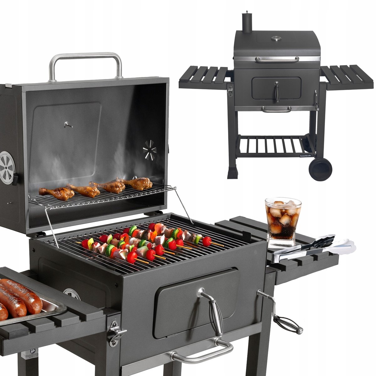Grote Koolgrill Tuin, met deksel, thermometer en Aslade