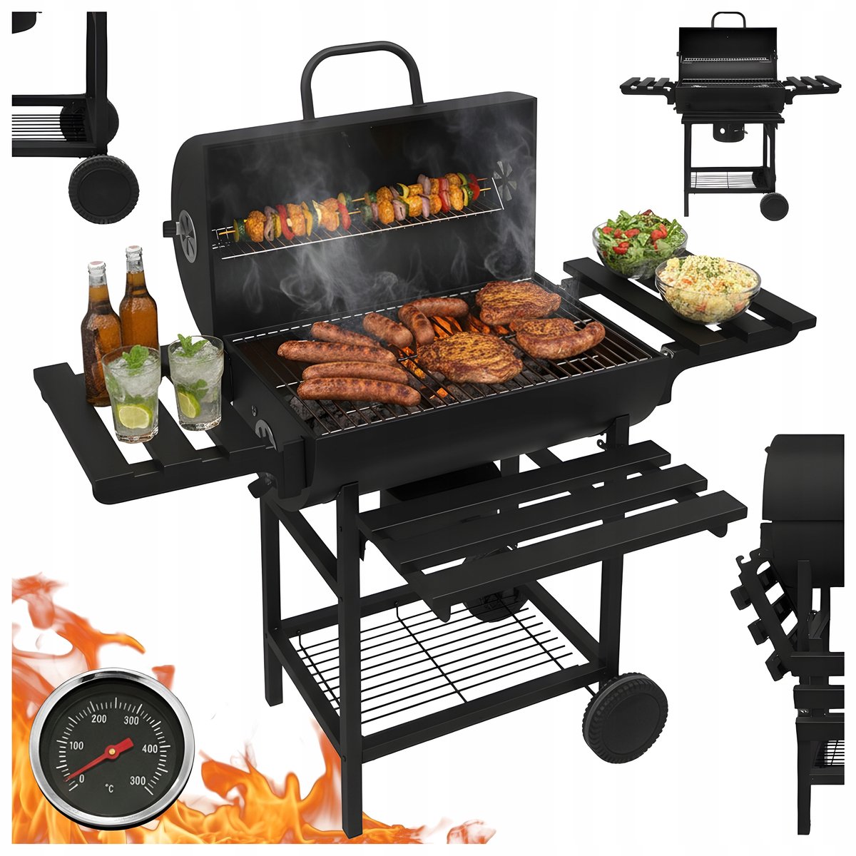 VELACO Barrel BBQ Grill met Deksel, Wielen & Thermometer