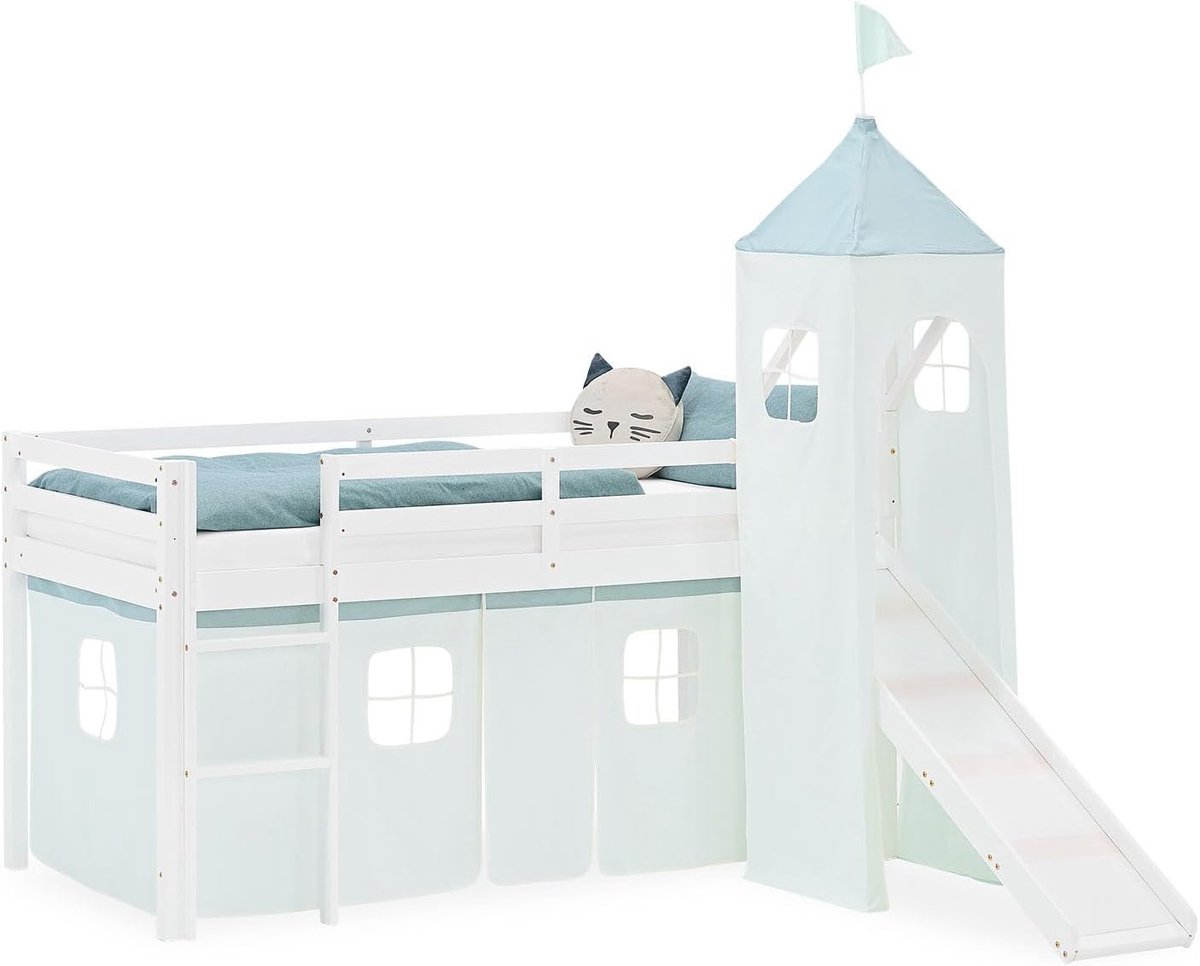 Hoogslaper 90x200 met glijbaan & toren, kinderbed hout grenen wit | Inclusief speelgordijn in mintgroen, stabiel massief houten stapelbed voor jongens en meisjes, met veilige valbeveiliging
