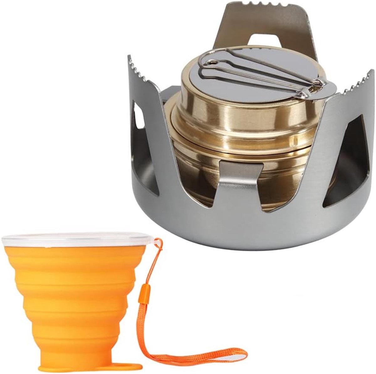 Camping Kooktoestel & Reisbeker Set - Mini Portable Fornuis Reiskoffiemok - Morsbestendig Camping/Wandelen/Backpacken Fornuis - Roestvrij Staal Alcohol Fornuis & Opvouwbare Cup voor Reizen