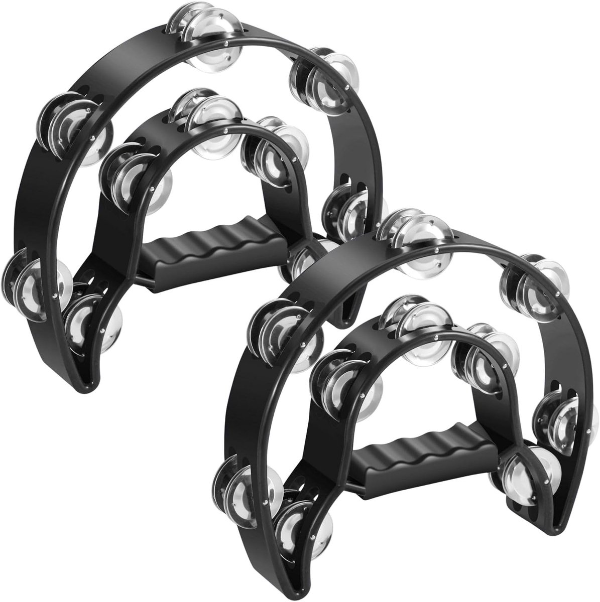 Tamboerijn metalen halve maan muziekinstrumenten dubbele rij metalen jingles handheld instrumenten percussie met ergonomische handgreep, tamboerijnen voor volwassenen, 2 verpakkingen - zwart