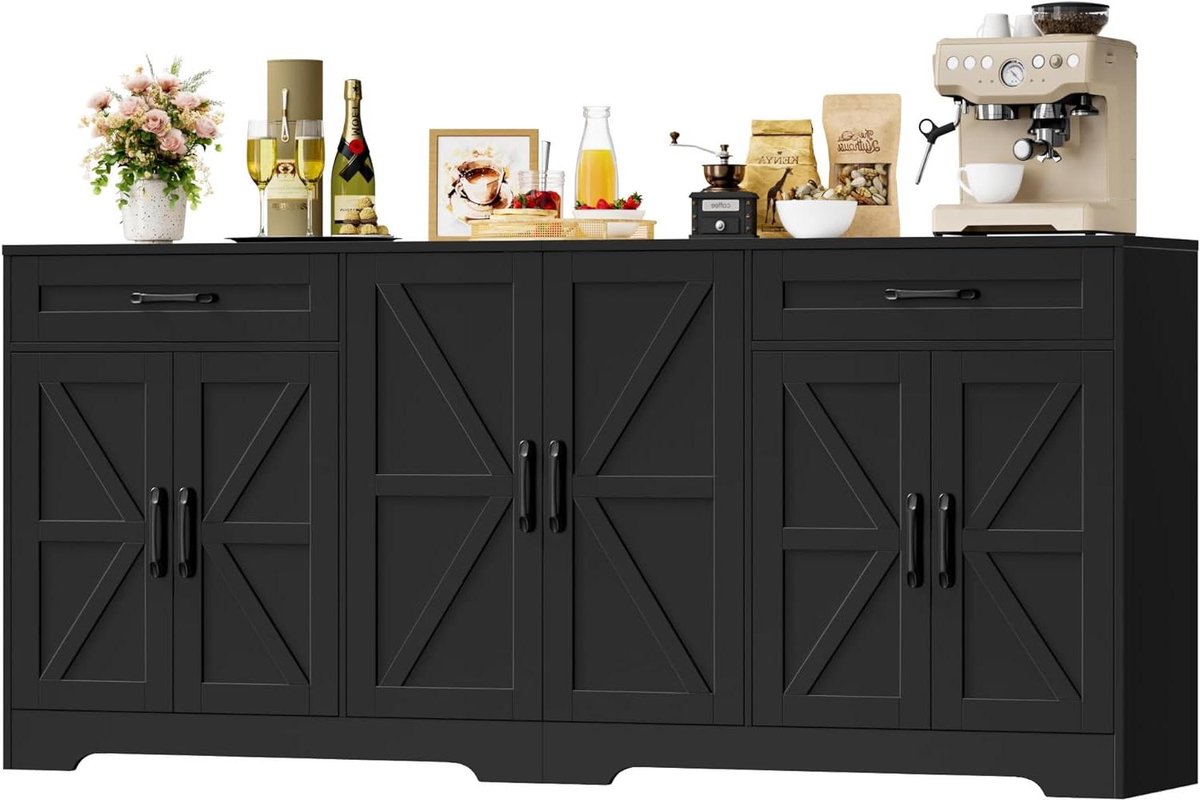 Brede Keukenkast - Dressoir Buffetkast - Keuken Opbergen - Soft-close Scharnieren - 180 cm Breed - Zwart