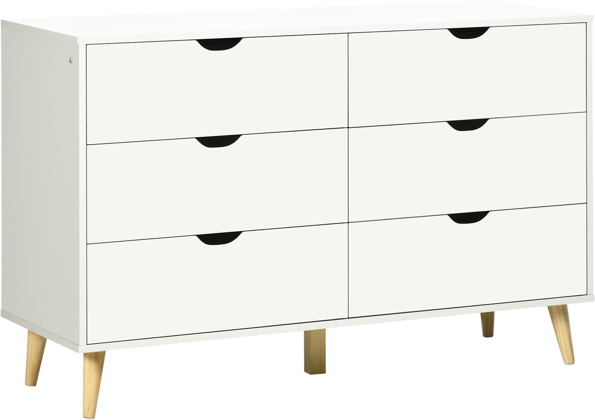 Commode met 6 laden, moderne stijl, 120 x 40 x 76 cm, wit | 5 inch houten opbergkast met schuine randen, organizer met laden, kantelbeveiliging, voor keuken, slaapkamer, woonkamer, werkkamer