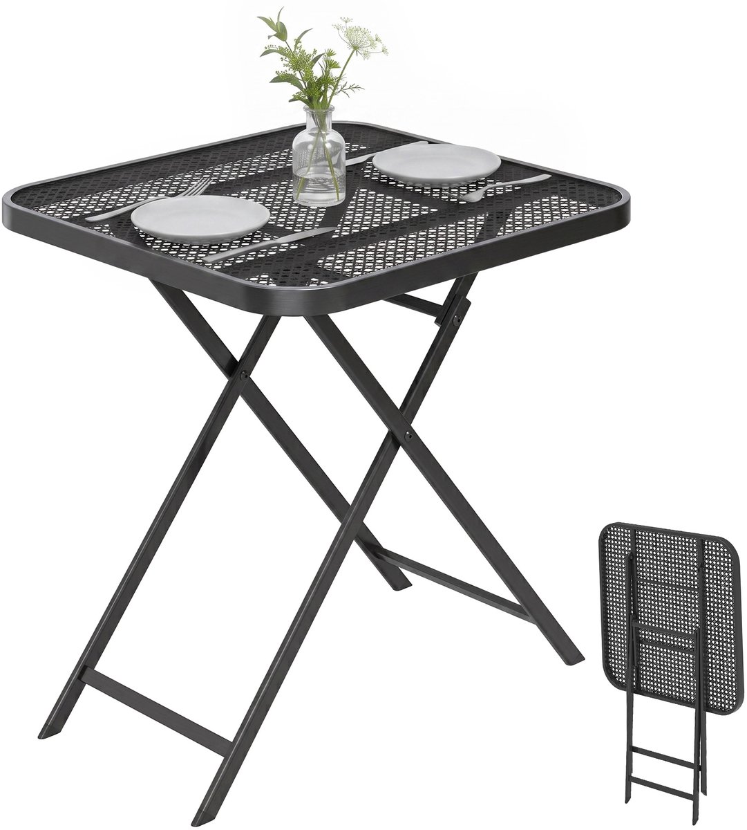 Tuintafel opvouwbaar 70 x 70 cm, weerbestendig, balkontafel, klaptafel met uitsparing, vierkant, zwart