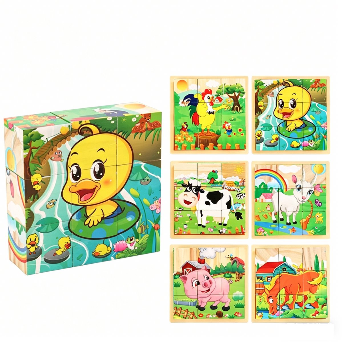Casalora Houten Kubus 3d Puzzel Kind - 6-in-1 Puzzel Boerderijmet 9 Blokken en Opbergbak - Educatief Speelgoed vanaf 3 Jaar