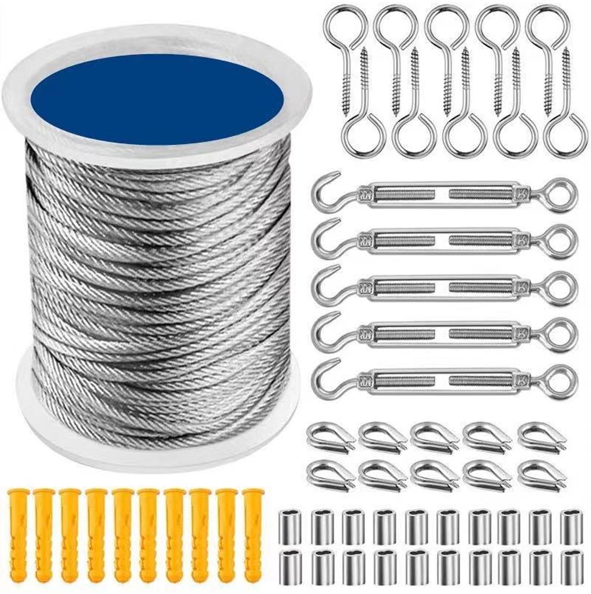 longziming -30M RVS Staalkabel Set – Draadspanner Set met Kabelspanners, Kabelogen, Krimphulzen en Kabelklemmen – 304 Roestvrij Staal Ophangkabel voor Planten, Verlichting, Gordijnen en DIY Projecten