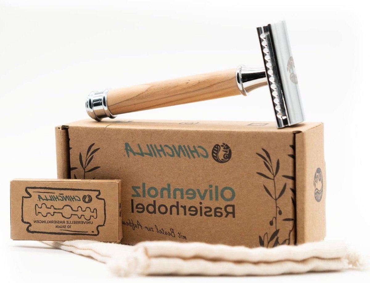 Veiligheidsscheermes - Zero Waste Scheermes - Duurzaam Scheren - Olijfhouten Handvat - Incl. 10 Mesjes - Houtkleur