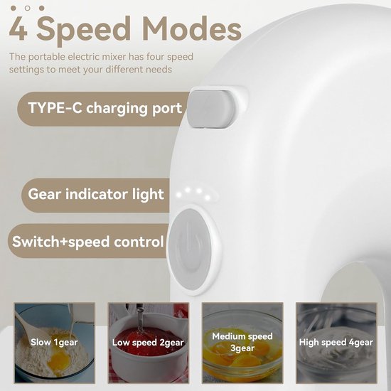 Draadloze Handmixer - Mini Mixer - Beslag Maken - 4 Snelheden Instelbaar - Mini Formaat - Wit — afbeelding 3