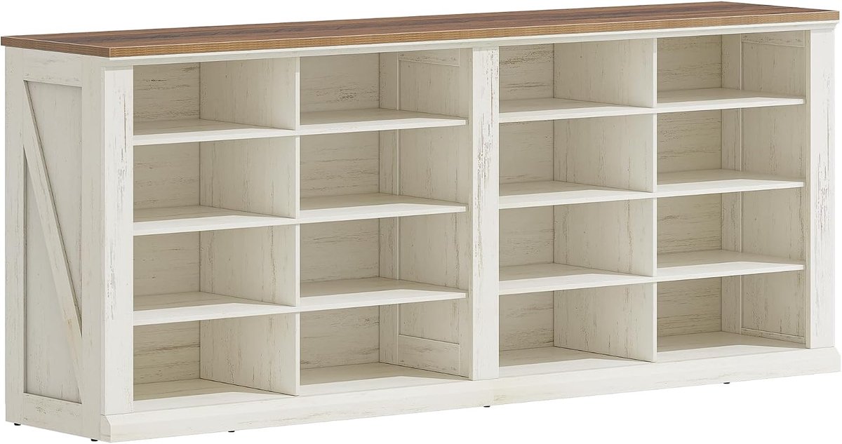 Hzuaneri Shoe Bench, Shoe Rack with Seat, Bench with Storage Space, 16 Compartments, Suitable for Living Room, Hallway, Entrance, Space Saving, 30 x 104 x 60.5 cm, Retro Brown-White