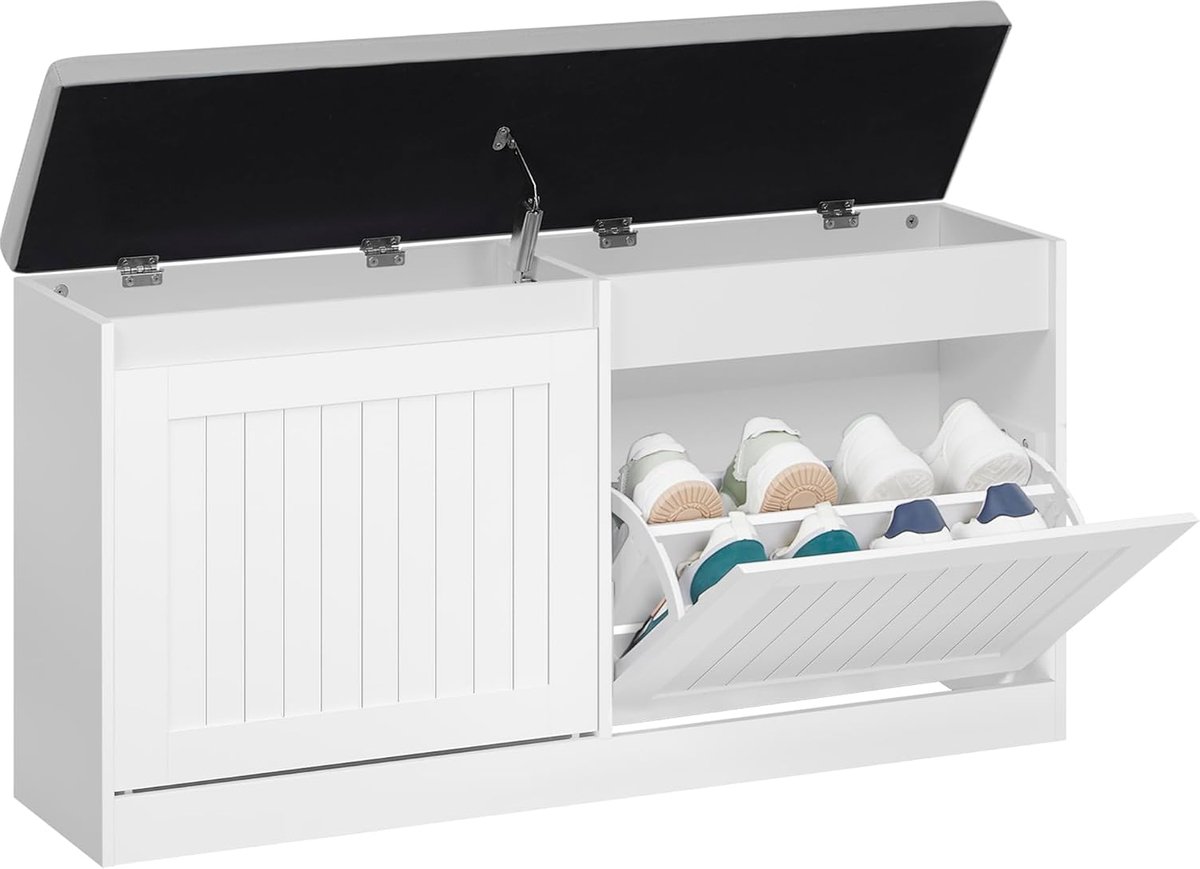 Hzuaneri Schoenbank met zitting, schoenenkast met 2 kleppen, voor 8 paar schoenen, verstelbaar schoenenrek voor entree, hal, woonkamer, wit