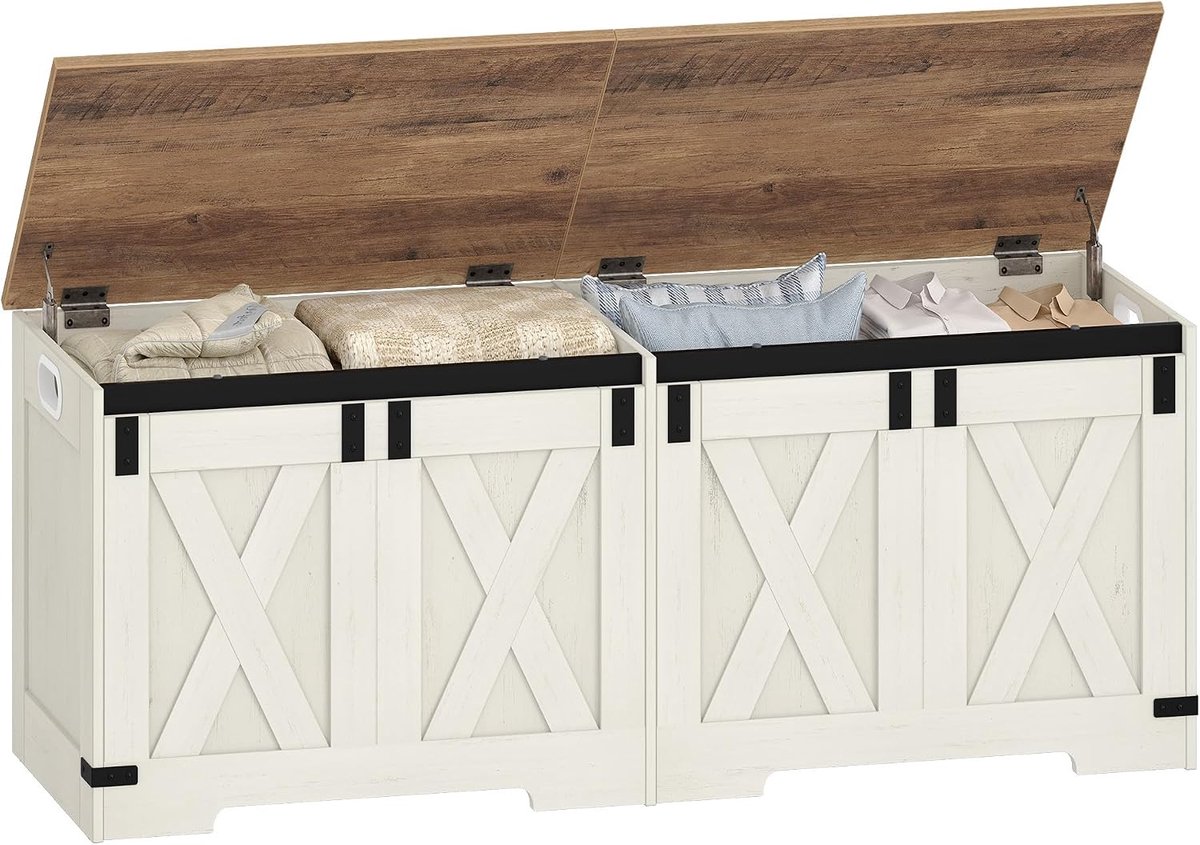 Hzuaneri schoenenbank met opbergruimte, 40 x 120 x 48 cm, wit en bruin, bank, opbergkast, 2 stevige scharnieren, landelijke stijl, voor hal en slaapkamer