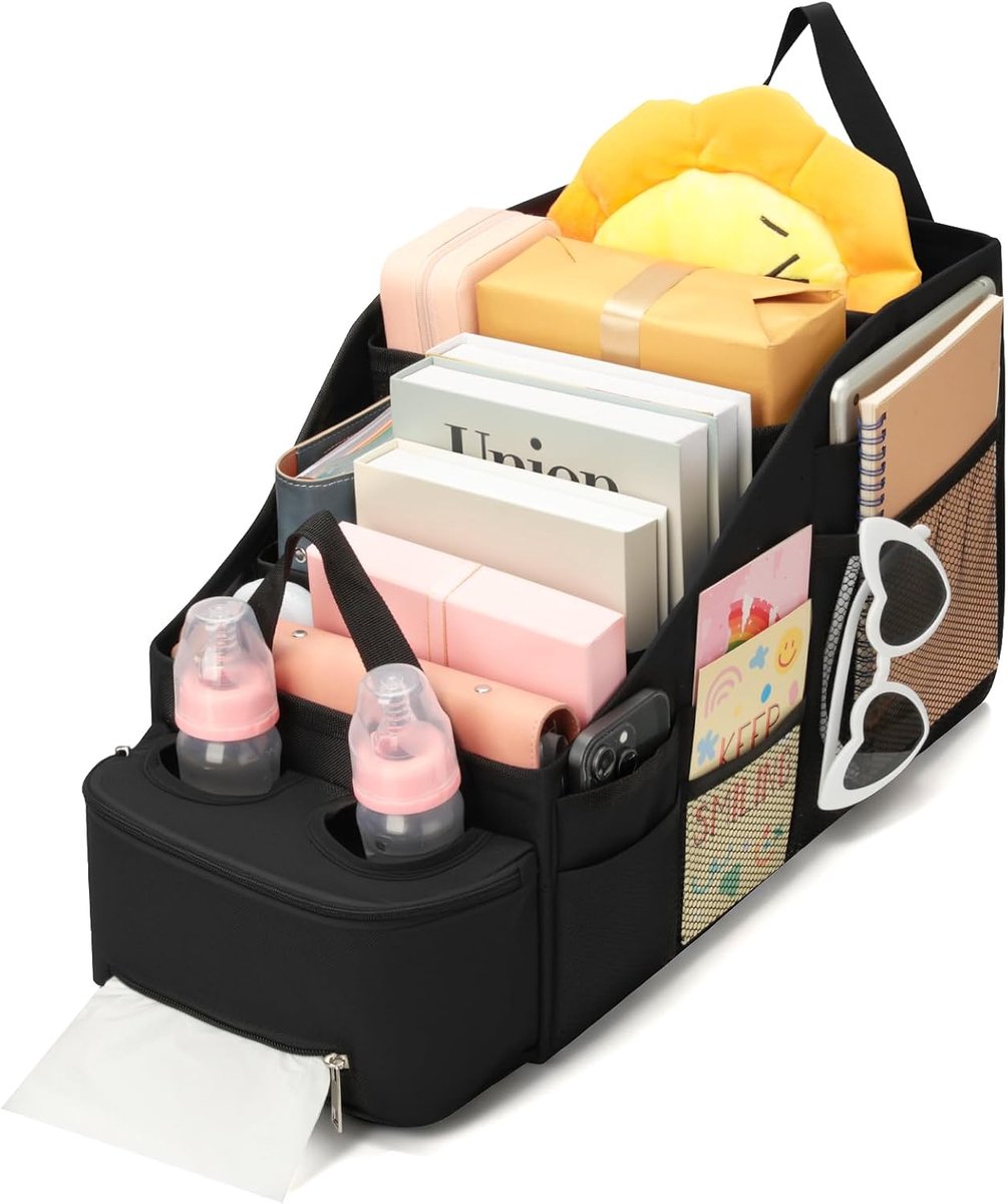 Auto-organizer, achterbank, autostoel, organizer voor kinderen, met zijnetvakken en 2 bekerhouders, waterafstotend, voor kofferbak, interieur, ideaal voor speelgoed, snacks, reisaccessoires