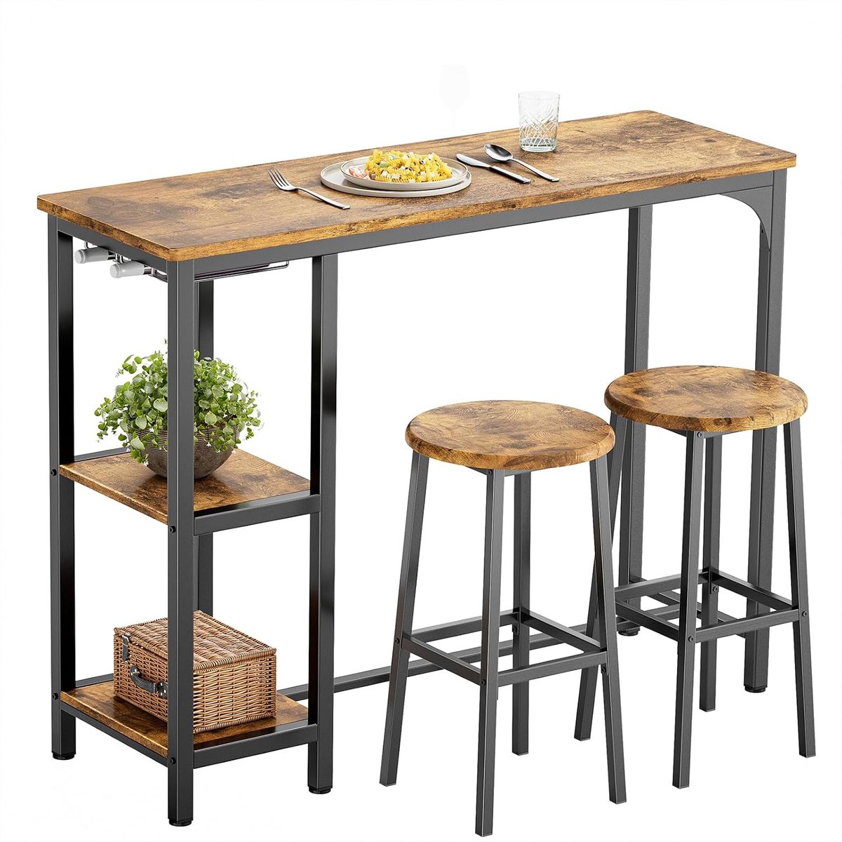 Bartafel met Barkrukken voor 2 Personen Kroegentafelset met 2 Planken en Glashouder Ideaal voor Keuken, Woonkamer en Eetkamer (Retro)