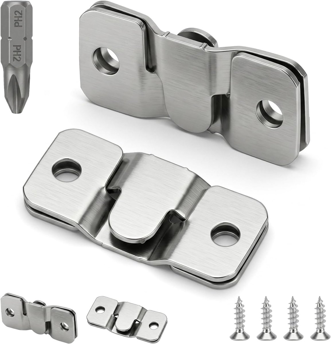 18 stuks zware framehaken roestvrij staal, 43 x 18 mm, verborgen haken voor foto's, spiegels, meubelverbinders, met 40 schroeven en PH2-gat
