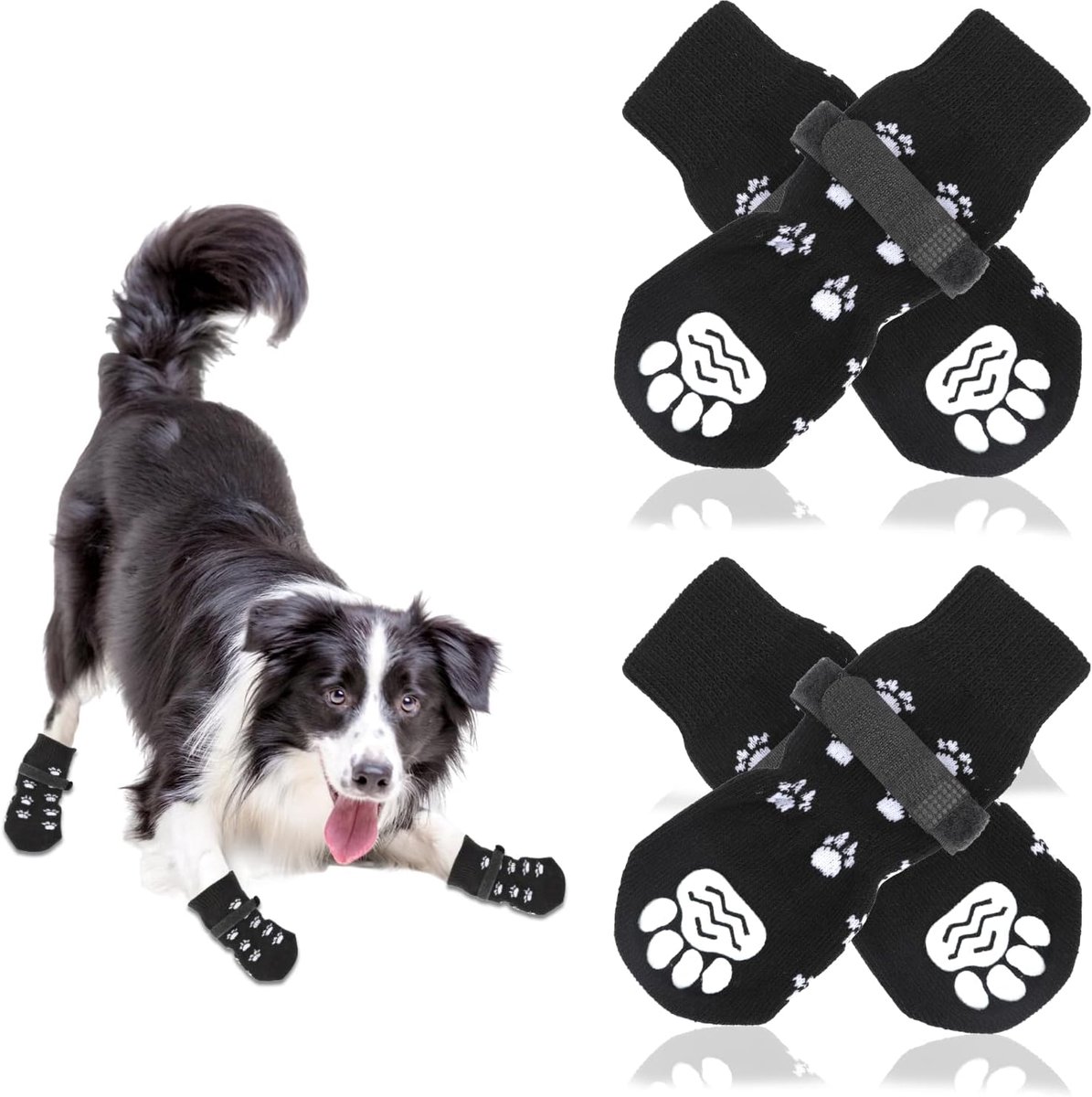 4 stuks antislip hondensokken, pootbescherming met rubberen bodem en verstelbare bandjes, tractiecontrole voor binnen voor middelgrote en grote honden, zwart (M)