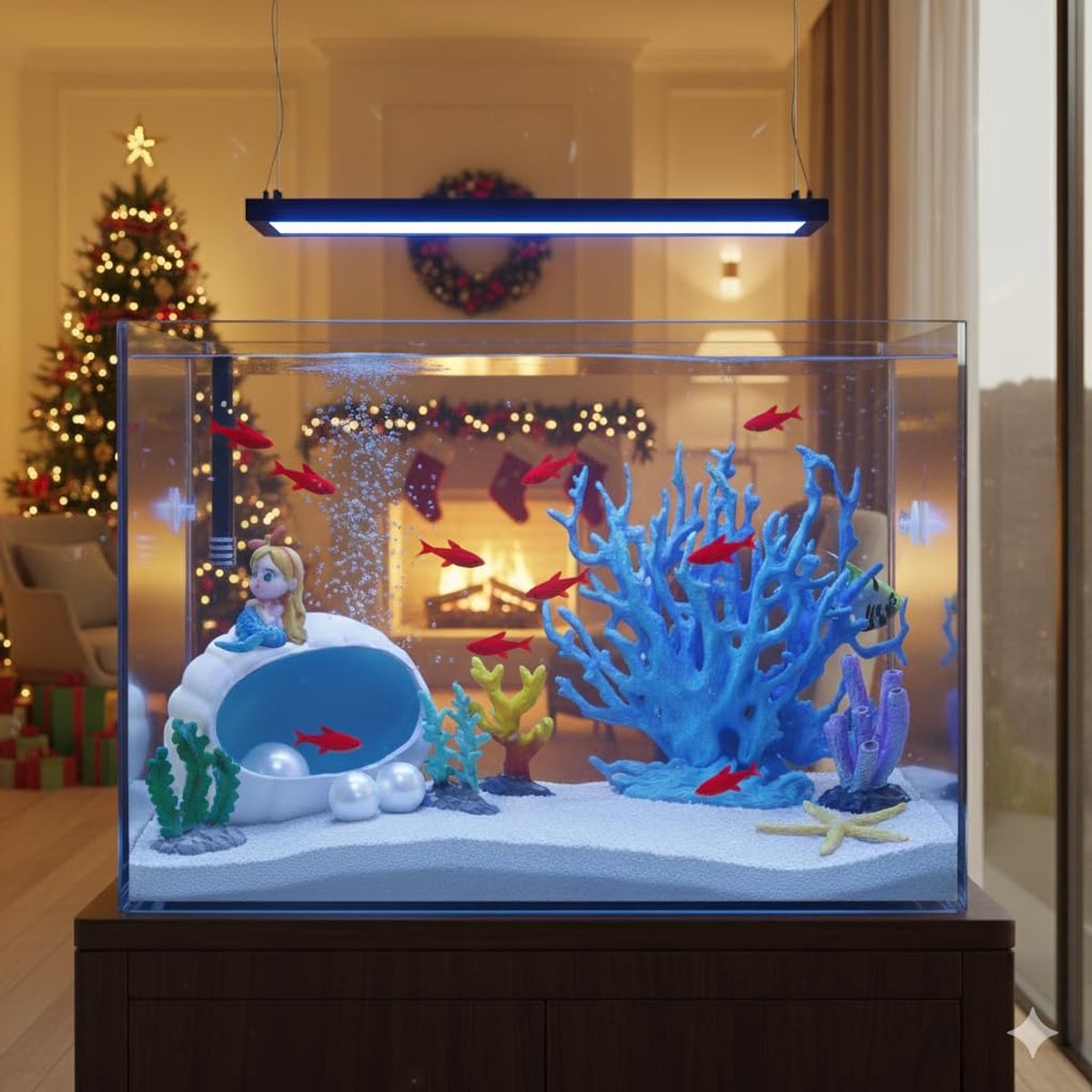 Aquarium, koraal van hars, zeemeerminnenbal, keramische hol, zeesterren en parels, veilige decoratie voor Betta, rode vissen, zoetwateraquaria en zeewateraquaria (blauw)