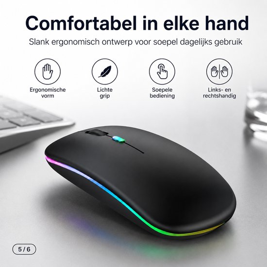 Zwarte muis met RGB-verlichting, ergonomisch en lichtgewicht ontwerp.