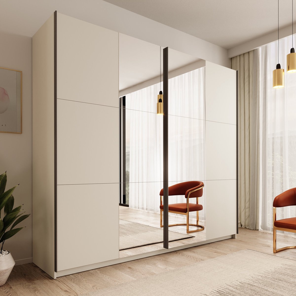 Meubella - Nuvola - Kledingkast met spiegel - Beige - 228x56x206 cm