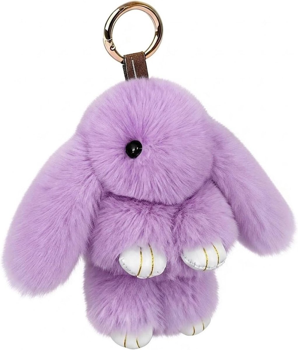 konijn, zacht en pluizig, schattige pluche sleutelhanger, konijn, sleutelhanger van imitatiebont, pompon, decoratie voor sleutelhangers (paars)