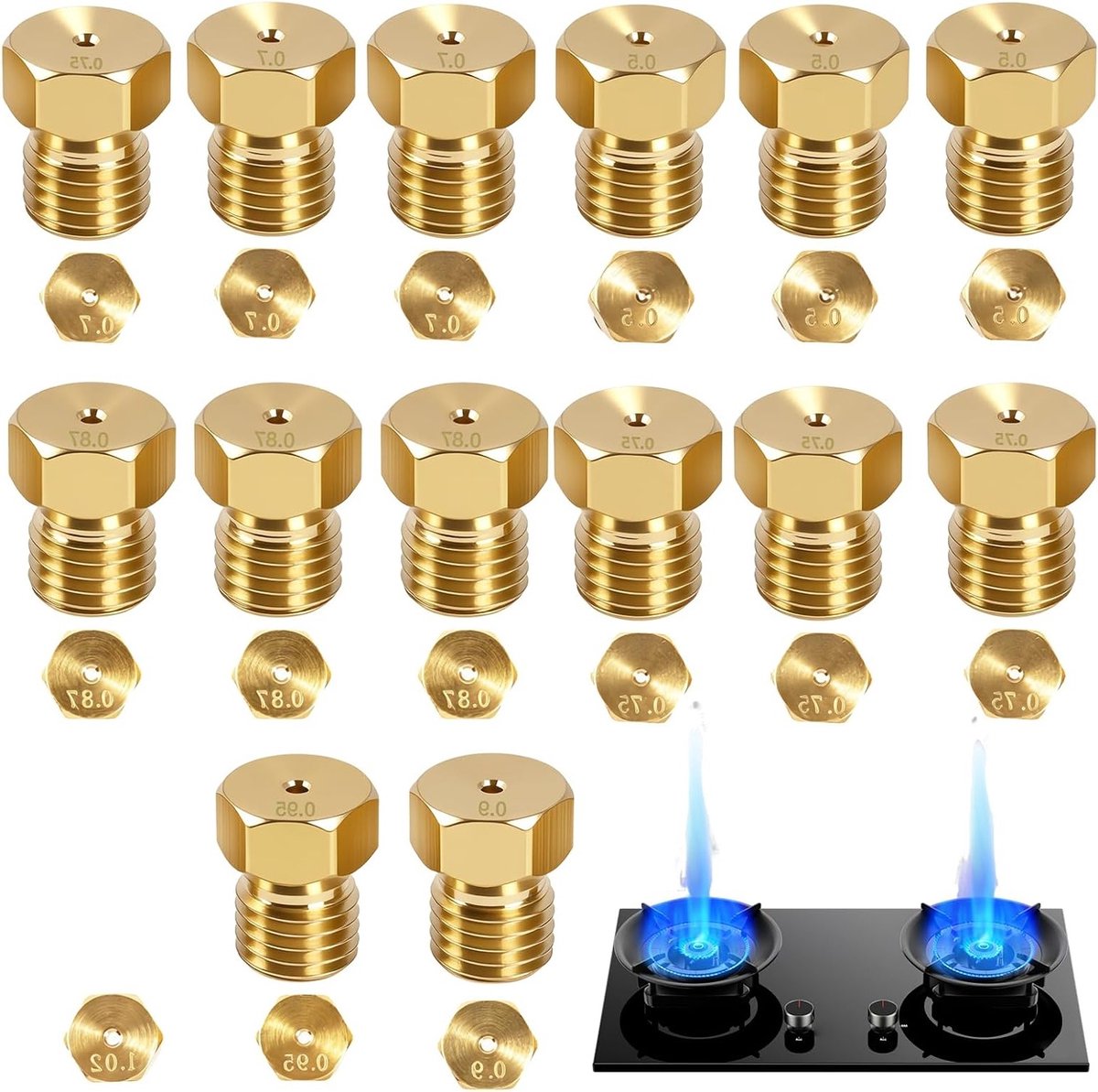 Universele butaangassproeiers set van 15 stuks voor gasfornuis en kookplaat, LPG-compatibel, propaan en stadsgas, maten 0,5 tot 1,02 mm, ideaal voor branders en gasinstallaties