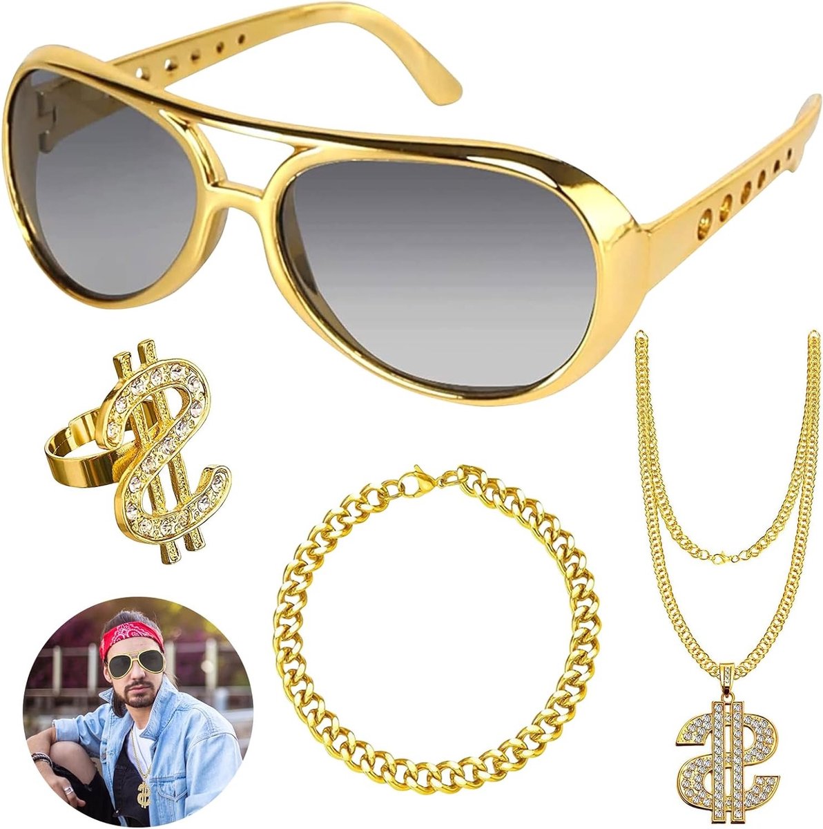 Set van 4 dollar kettingen, gouden ketting, ringen, zonnebrillen, hip hop kostuum, carnaval, cosplay, accessoires uit de jaren 80 en 90