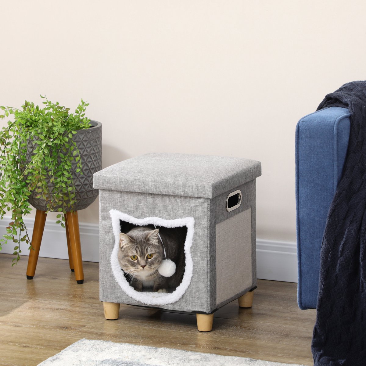 FloraGrace Dierenhuis – Kattenhocker Met Krabmat En Kussen – 35,5 x 35,5 x 42,5 cm – Polyester – Grijs – Kattenhuis Met Speelbal