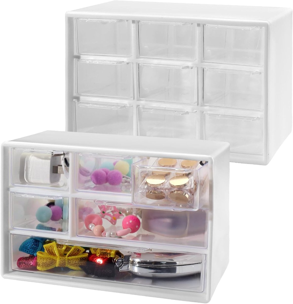 Set van 2 Doorzichtige Mini Opbergdozen met 6 Rasters, Stapelbare Organizer voor Bureau, Ideaal voor Kantoor, Make-up en Sieraden