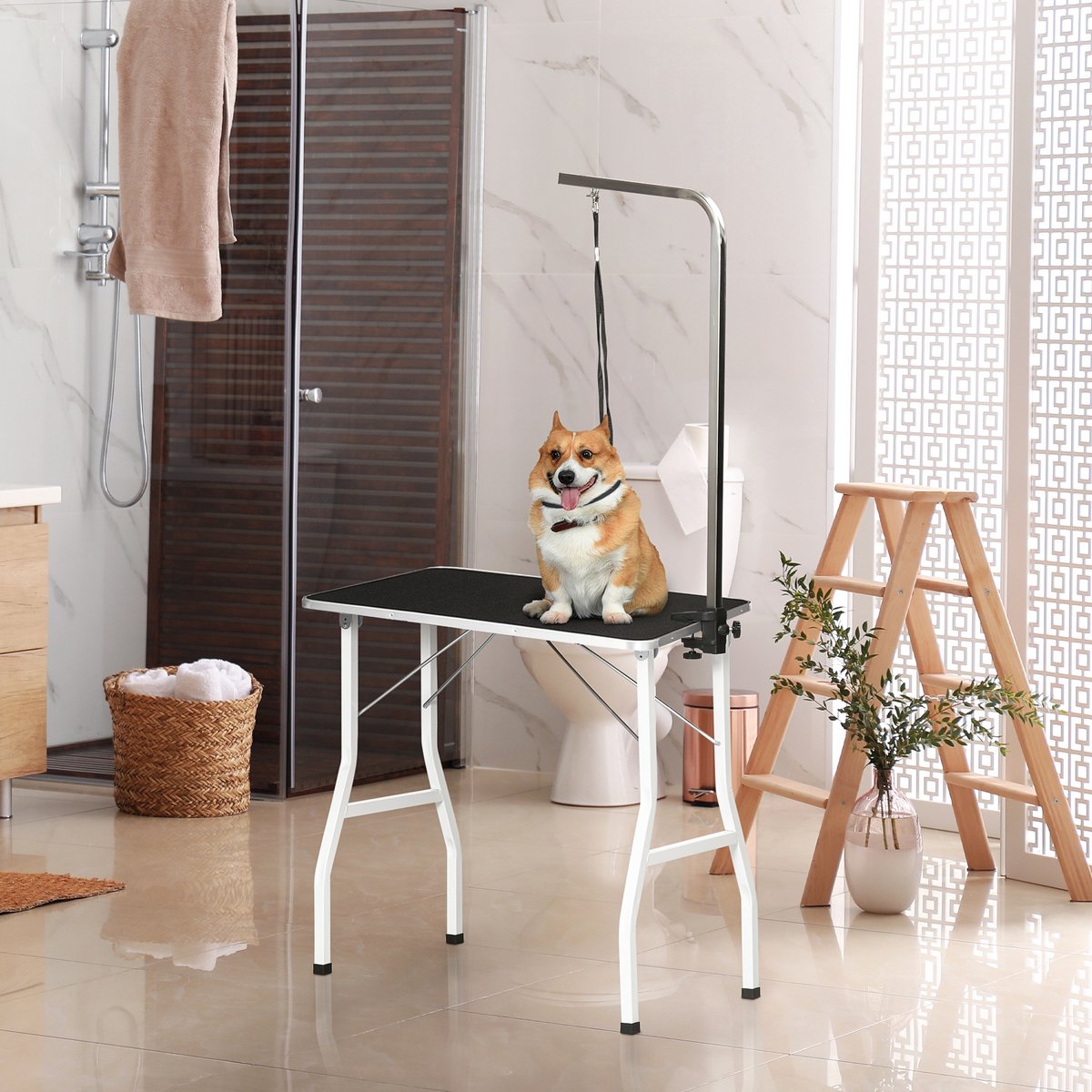 MIVRAY Trimtafel – Verstelbaar Met Schlinge – 91,5 x 61,5 x 76 cm – Rubber en Aluminium – Zwart – Opvouwbaar voor Hondenvachtverzorging
