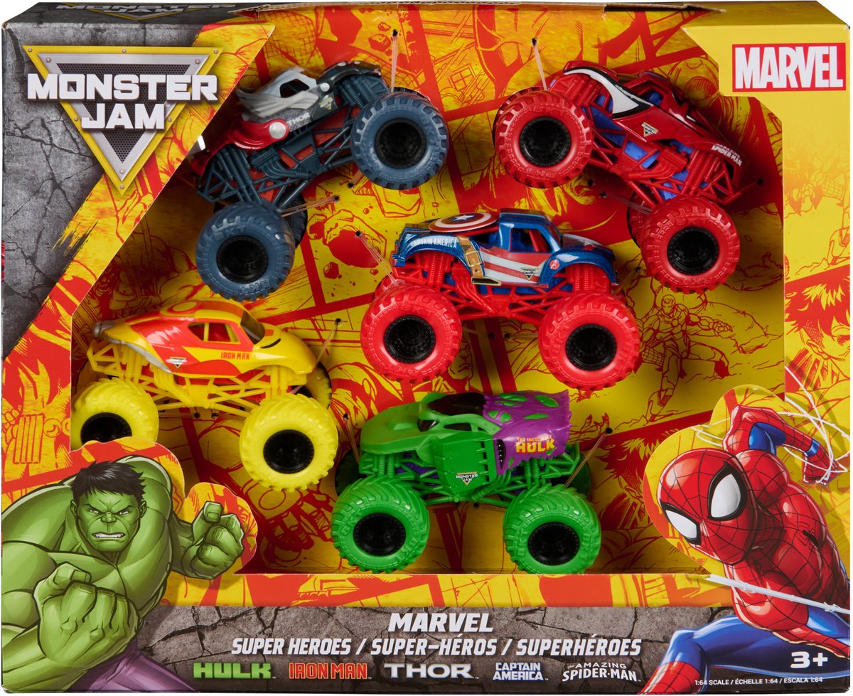 Monster Jam - Marvel Heroes 5-Pack Monster Trucks 1:64 Schaal met Spider-Man, Hulk, Iron Man, Captain America en Thor - Die-Cast Voertuigen - Vanaf 3 Jaar