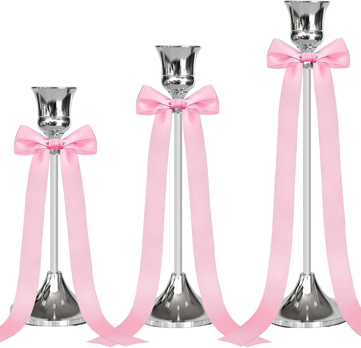 SnelShoppen - Set van 3 Kandelaar Houder Zilver met Roze Strik - 22/19/16cm Hoogte - Decoratieve Vintage Kandelaar voor Verjaardag Diner Huwelijk Thui
