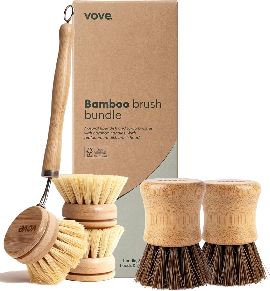 SnelShoppen - Complete Bamboo Afwasborstel Set - FSC Gecertificeerd, Natuurlijke Vezels, 3 Vervangende Koppen, Plasticvrij Keuken Schoonmaakset