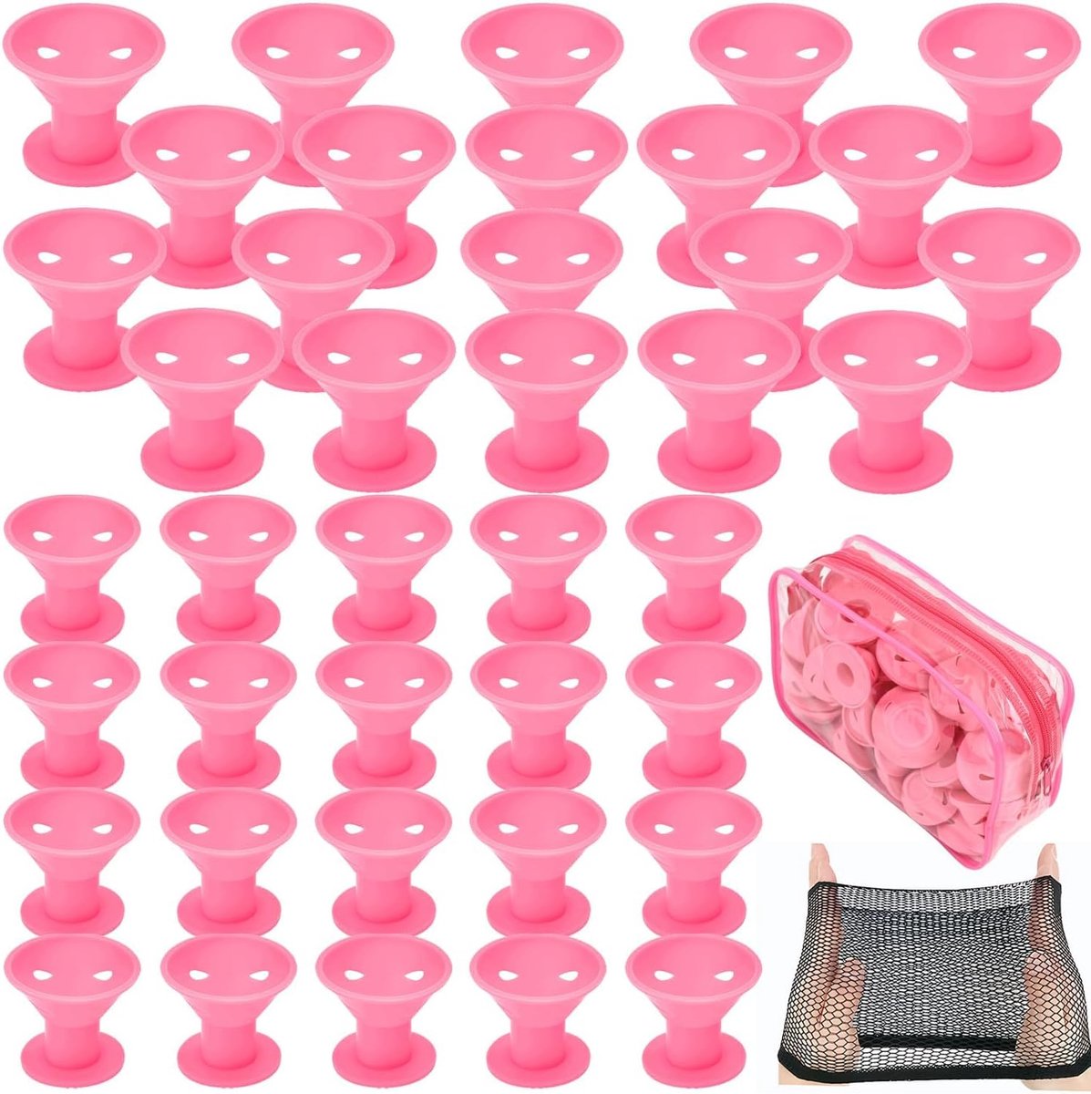 SnelShoppen - Silicone Haarrollers Set 40 Stuks (20 Groot + 20 Klein) met Haarnet, Milieu-vriendelijk en Veilig voor Alle Haartypes - Roze Stylingtool