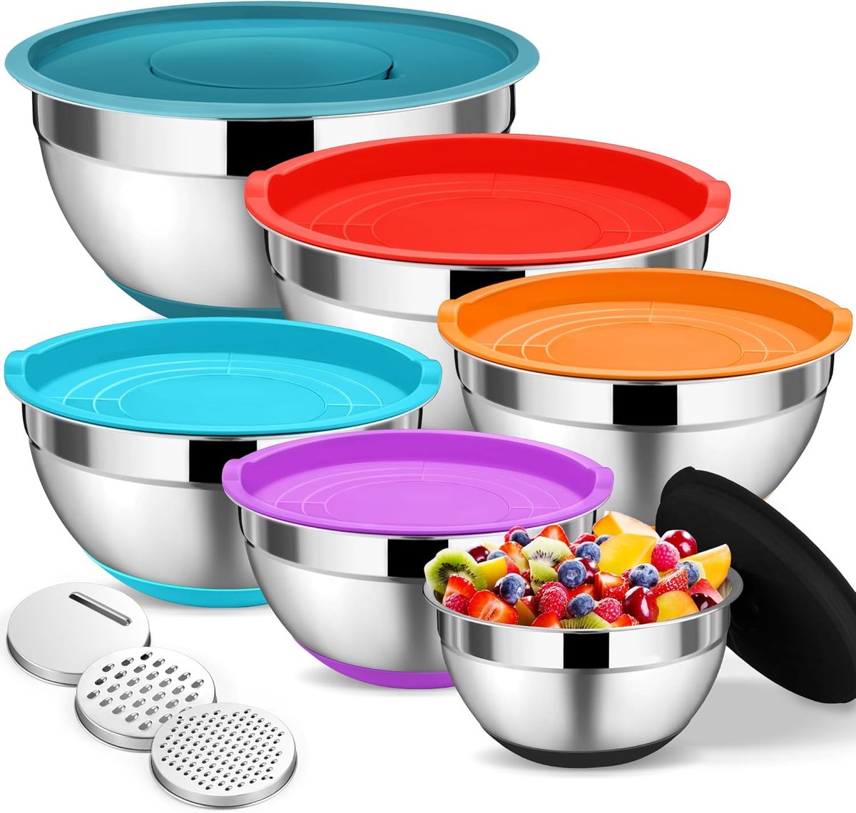 SnelShoppen - Mixing Bowls Set van 6 - RVS Saladeschalen met Luchtdichte Deksel en 3 Raspaccessoires - Stapelbare Keukenkommen 4.6L/2.8L/2.5L/1.6L/1.2