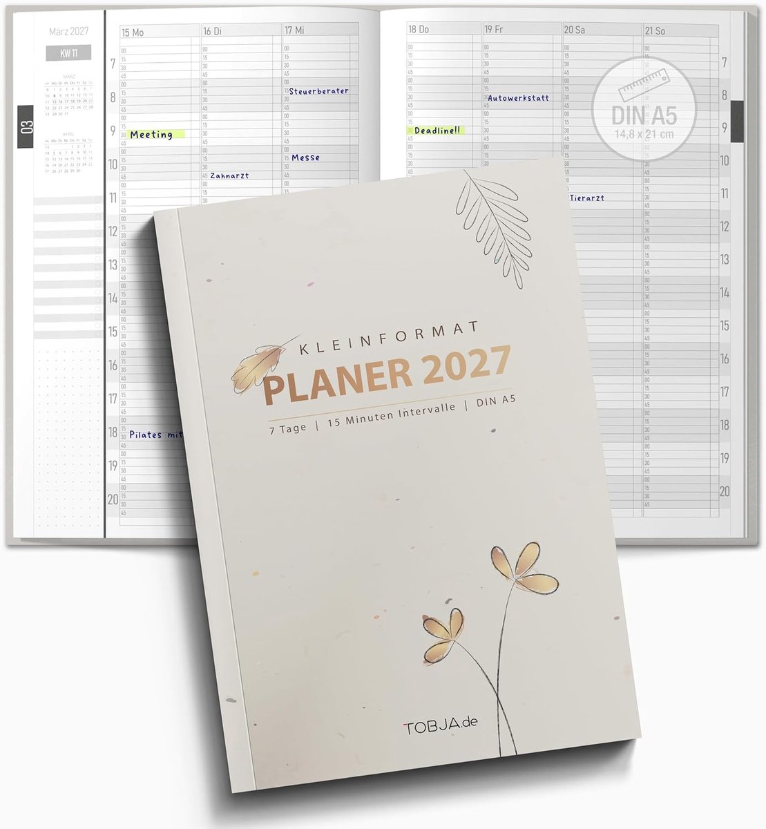 SnelShoppen - Praktijkplanner 2027 A5 Flora, Agenda met 15 Minuten Taakindeling van 7-21 uur, Maand- en Weekoverzicht, Boekkalender met Bloemendesign