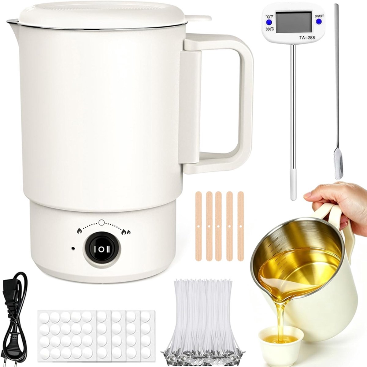 VHV - Kaarsen maken set - Wax smelter - Zelf kaarsen maken - Elektrische wassmelter - 800 ml - Met thermometer en lonten - DIY kaarsenset - Hobby - Volwassenen - Crèmewit