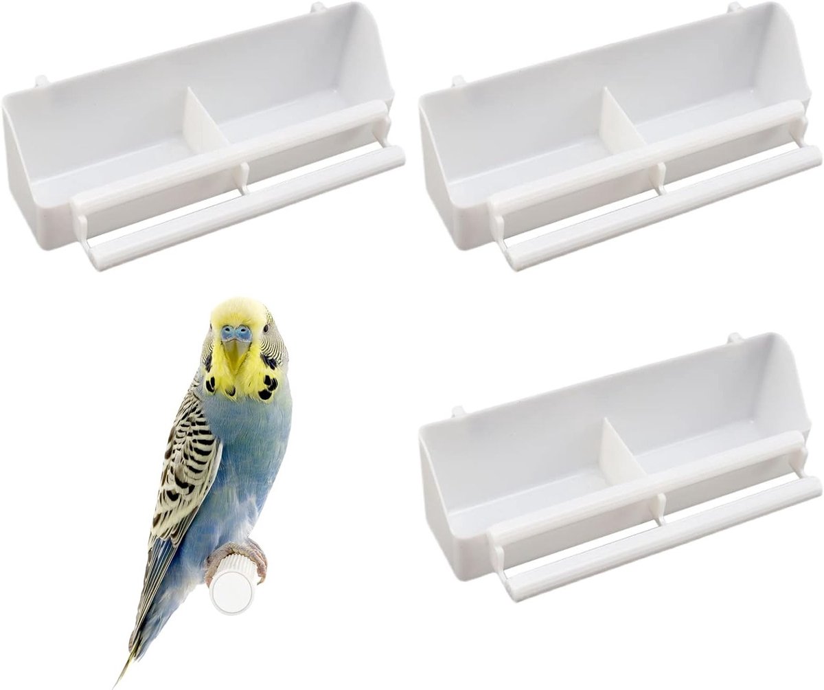 3 Stuks Plastic Vogelvoederbakken met Compartiment en Vogelzitstok voor Kleine Vogels, Pigeon, Parkiet en Kanarie
