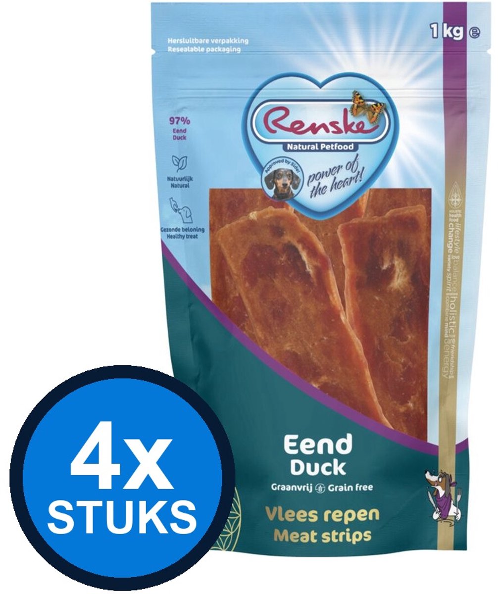 4x Renske - Gezonde beloning vlees strip eend 1kg - Hondenvoer Snacks - 1 kg