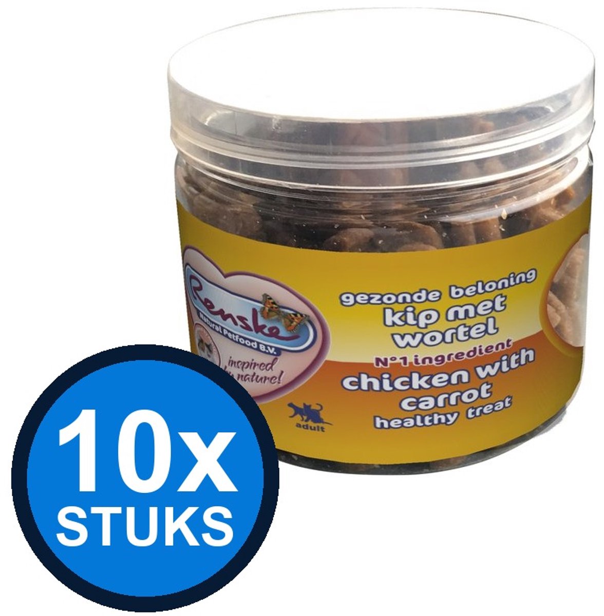 10x Renske - Gezonde beloning kat mini hartjes kip 100gr - Kattenvoer Snacks - 100 g
