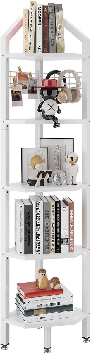 SnelShoppen - Hoekplank Boekenkast met 5 Planken - Staande Ladder Rek - Draadmesh Design - 28x28x176cm - Wit - Ideaal voor Woonkamer, Slaapkamer, Keuk