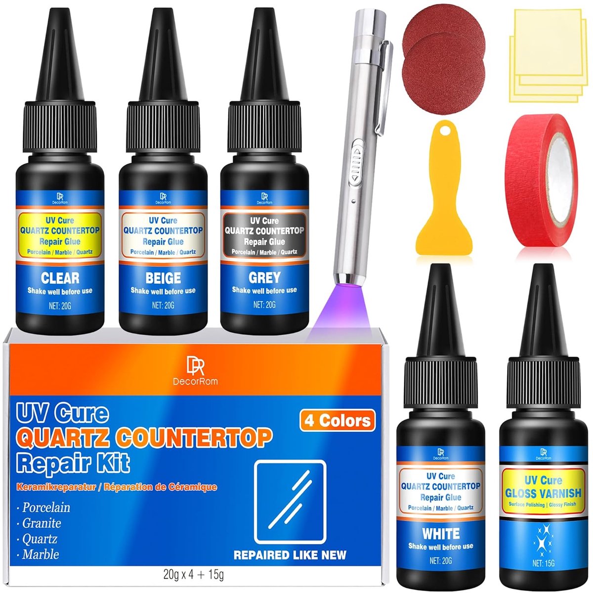 SnelShoppen - Tile Repair Kit 4-Kleuren (Wit, Beige, Grijs, Transparant) voor Snelle Reparatie van Tegels, Graniet, Badkuipen, Quartz en Fiberglas met