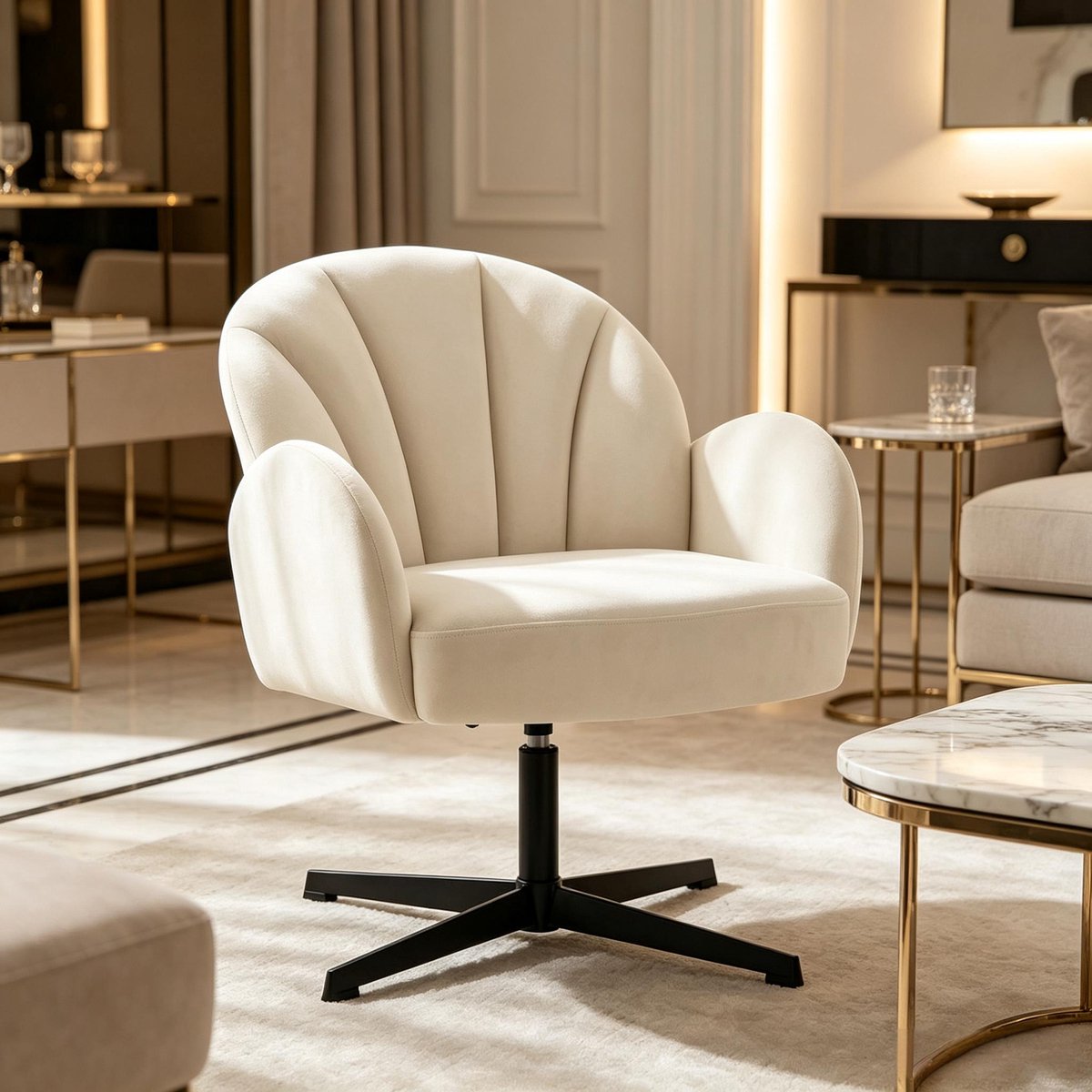 Fauteuil Draaibaar Shell Vorm Design Stoel Met Armleuningen En 360 Graden Rotatie Voor Woonkamer Slaapkamer En Kantoor Fluweel Beige Zwart