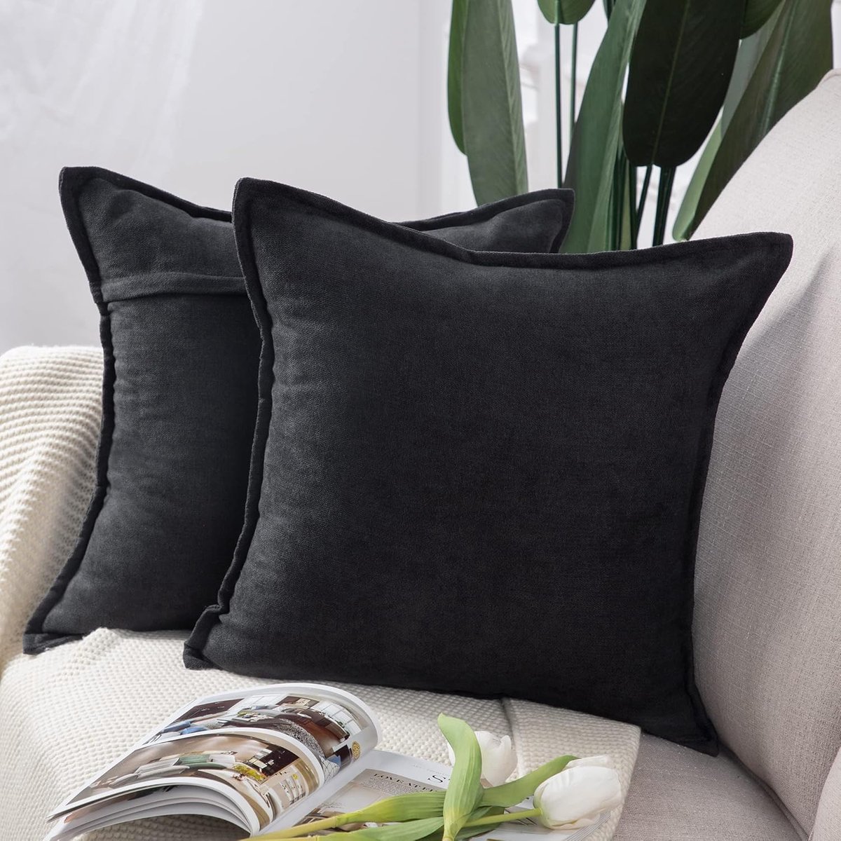 SnelShoppen - Set van 2 Korte Chenille Kussenhoezen 45x45cm Zacht Decoratief Kussen voor Bank en Slaapkamer - Zwart